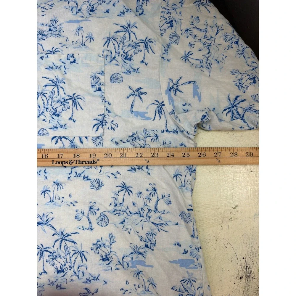 Men's Button Down Linen Blend Shirt  Size 10 Tropical Palm Tree Blue Summer Vaca